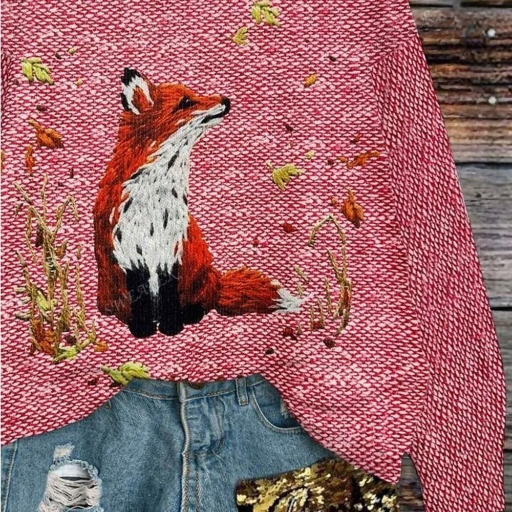 Fox Pattern Loose Pullover Sweater With Faux Embroidery Design - Picture 2 of 3